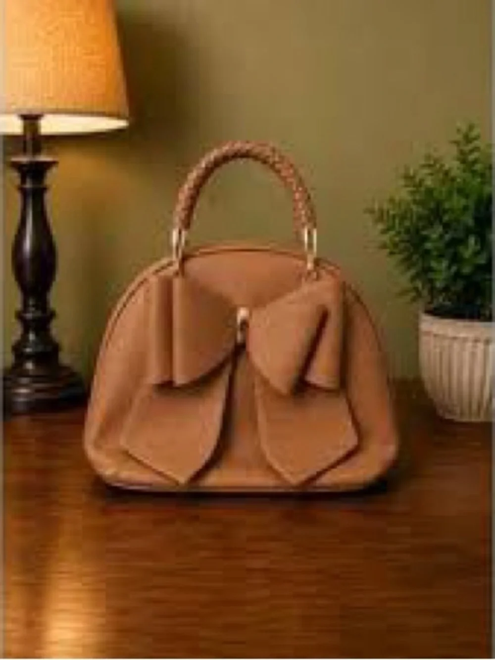 Structured Brown Top-Handle Satchel with Bow Accent NWOT